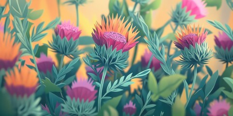 Close-up shot of vibrant milk thistle flowers with selective focus, highlighting their intricate details and unique textures