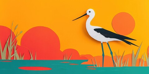 Black-winged stilt (Himantopus himantopus) in a wetland nature reserve setting, Black-winged stilt in a wetland reserve environment