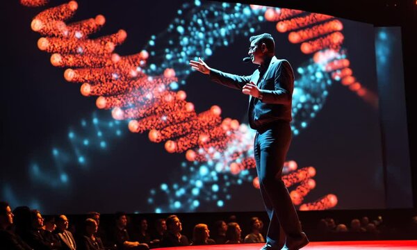 Man Giving a Presentation with DNA on Screen