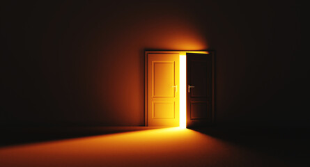 Open the door. Symbol of new career, opportunities, business ventures and initiative. Business concept. 3d render, yellow light inside open door isolated on black background. Modern minimal concept.