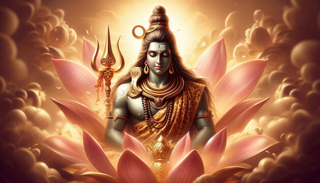Hindu religious god Shiva with golden trident and floral background