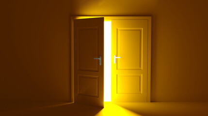 Open the door. Symbol of new career, opportunities, business ventures and initiative. Business concept. 3d render, white light inside open door isolated on yellow background. Modern minimal concept.