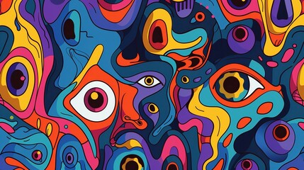 Fototapeta premium Vintage Psychedelic Facial Illustrations – Colorful Doodle Backgrounds