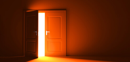 Open the door. Symbol of new career, opportunities, business ventures and initiative. Business concept. 3d render, white light inside open door isolated on orange background. Modern minimal concept.