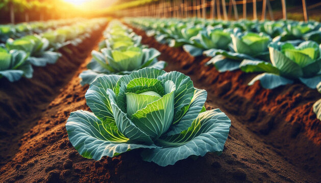 Cabbage plants planted in rows on a farm