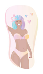Happy woman in swimsuit, lady with bob haircut and flower in hair, gradient colorful illustration