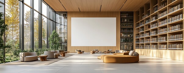 Modern public library interior with minimalist design, blank white wall template for art display, wooden bookshelves, and sleek furniture, 3D rendering