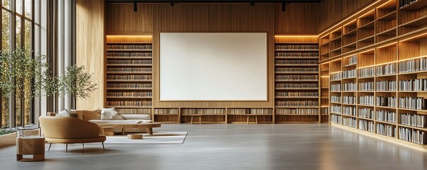 Modern public library interior with minimalist design, blank white wall template for art display, wooden bookshelves, and sleek furniture, 3D rendering