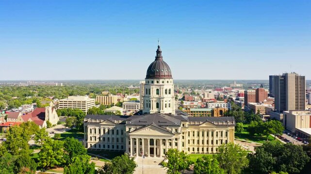 Slow rotation around Kansas State Capitol, in Topeka. The Kansas Statehouse, is the building housing the executive and legislative branches of government for the U.S. state of Kansas