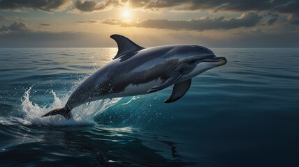 Fototapeta premium A dolphin leaps out of the water at sunset, creating a splash. The sun is setting in the background, casting a golden glow on the clouds.