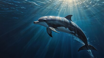 Naklejka premium A dolphin swims through the ocean with sun rays shining down.