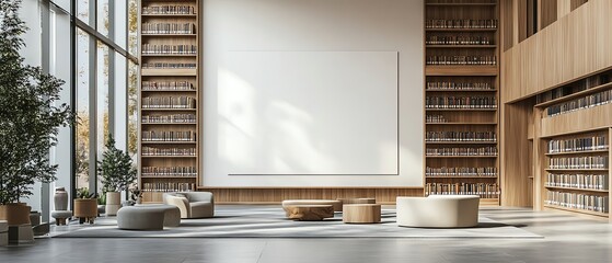 Modern public library interior with minimalist design, blank white wall template for art display, wooden bookshelves, and sleek furniture, 3D rendering