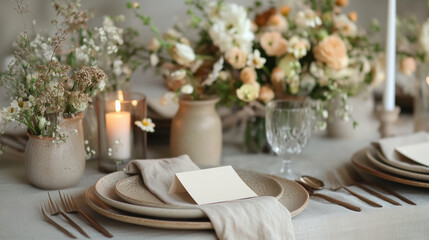 A wedding table setting with a rustic, natural color scheme and simple yet elegant decor