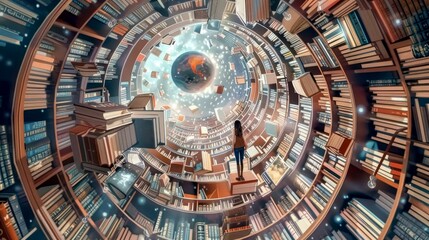 Obraz premium A surreal library spiraling into space, symbolizing knowledge and exploration.
