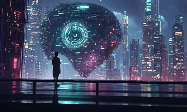 Futuristic Cityscape with a Giant Spaceship