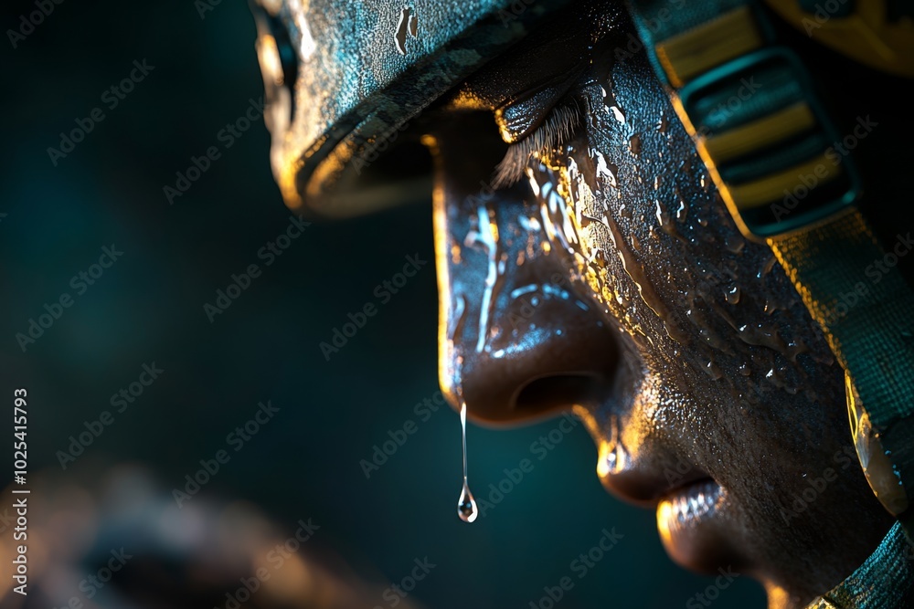 Aufkleber hyper-realistic close-up of a tear falling from a soldierâ€™s face as they salute a fallen comrade, 