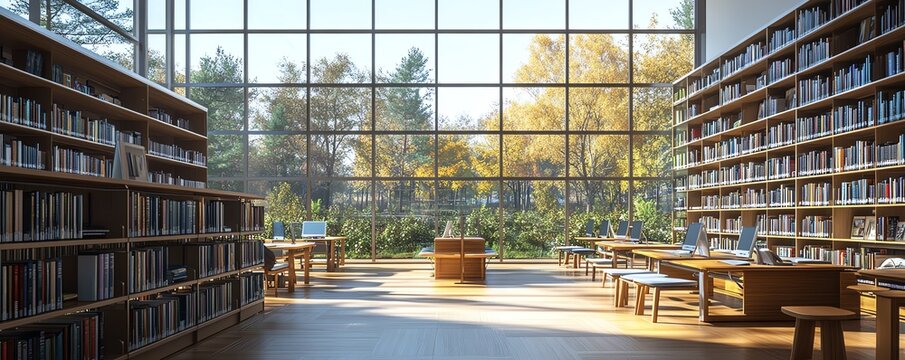 Hightech public library design, open layout with clean blank walls for customized art, modern workstations, and natural materials throughout, 3D rendering