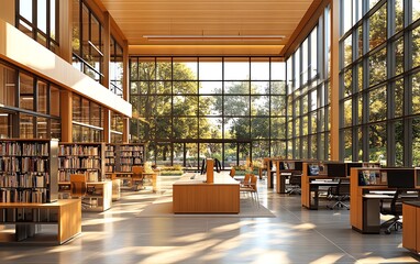 Hightech public library design, open layout with clean blank walls for customized art, modern workstations, and natural materials throughout, 3D rendering