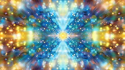 Fototapeta premium Abstract colorful background with a symmetrical pattern of glowing lights and blue and yellow streaks.