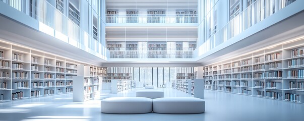 Modern public library featuring blank white wall sections for digital displays, cozy reading corners, geometric bookshelves, and LED lighting, 3D rendering