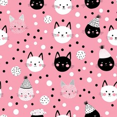 Cute and Playful Cat Seamless Pattern on Pink Background