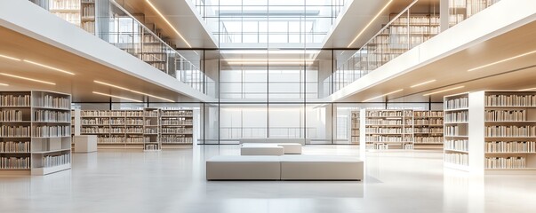 Fototapeta premium Public library with sleek modern aesthetics, blank walls ready for decoration, modular seating arrangements, and glass partitions, 3D rendering