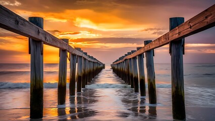 Carrasqueira old wooden pier at sunset, Soain