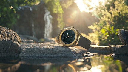 Naklejka premium Elegant Watch on Stone by Serene Waterfall