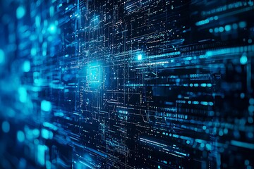 Obraz premium Shades of blue in an abstract tech background signify global data networks and cybersecurity.