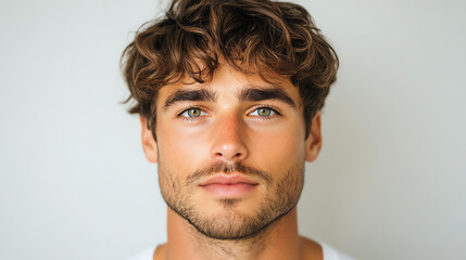 Obraz premium A portrait of a young man with curly hair and striking blue eyes, displaying a calm expression against a light, neutral background.