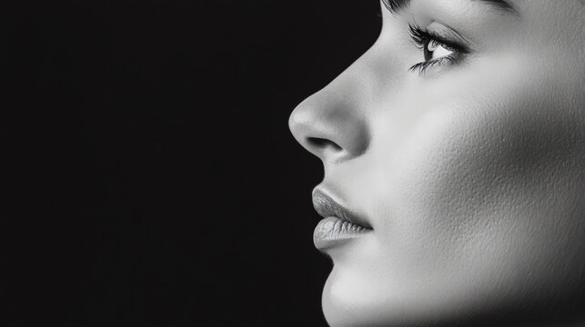 A close-up profile shot of a woman showcasing her facial features against a dark backdrop, highlighting natural beauty and grace.
