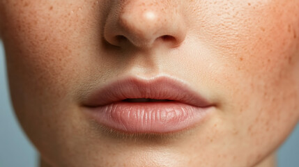 Fototapeta premium Close-up of a person's lips, highlighting natural beauty and skin texture against a blurred background.