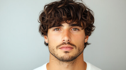 Fototapeta premium Close-up portrait of a young man with curly hair, showcasing a neutral expression against a soft gradient background.