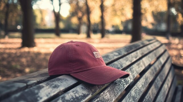 A Casual Cap Resting on a Park Bench in Autumn