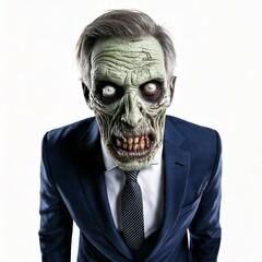 A scary Halloween frankenstein wearing a business suit, isolated on white