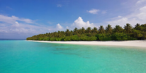 Naklejka premium Tropical paradise beach with clear blue water and palm trees, exotic coastal landscape