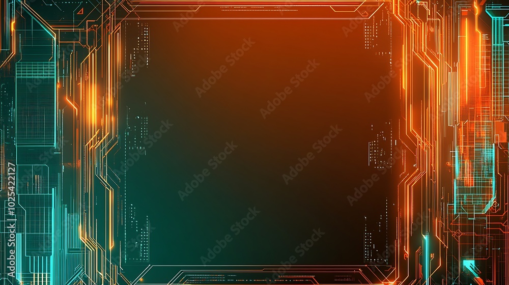 Poster abstract futuristic technology background with glowing orange and blue lines and circuits on dark gr