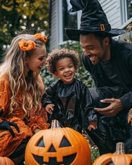 A joyful family celebrates Halloween together, surrounded by carved pumpkins and festive costumes, creating cherished memories.