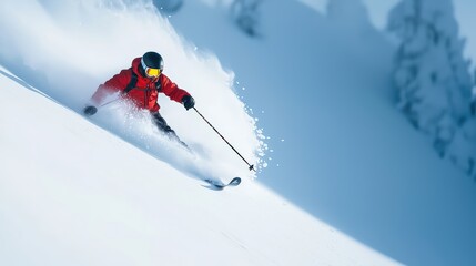 A skier gracefully gliding down a snowy slope, surrounded by pristine winter landscapes, capturing the thrill of winter sports.