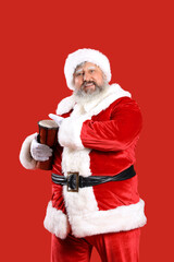 Cool Santa Claus playing djembe on red background