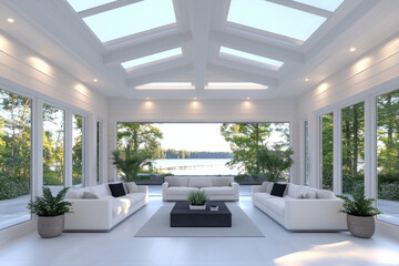 Fototapeta premium Modern living room with floor-to-ceiling windows overlooking a lake.