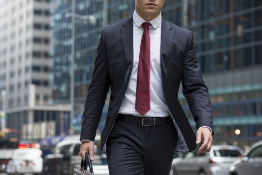 A man in a suit and tie walks down a city street with a briefcase in hand
