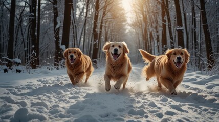 Three golden retrievers running through a snowy forest, lit by the sun.