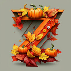 Letter Z made of autumn leaves and pumpkins. Vector illustration.