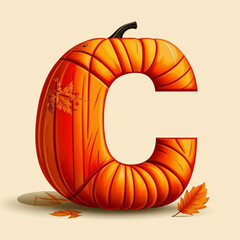 Halloween letter C carved from a pumpkin with leaves. Vector illustration.