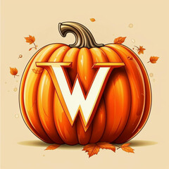 Pumpkin letter W with autumn leaves on it. Vector illustration.