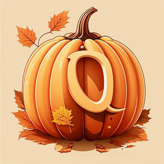 Pumpkin with letter Q on autumn leaves background. Vector illustration.