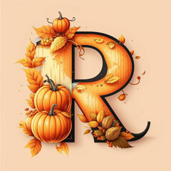Autumn letter R with pumpkins and leaves. Vector illustration.