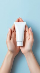 Elegant hands holding a white cosmetic tube against a soft blue background, perfect for skincare and beauty product ads.