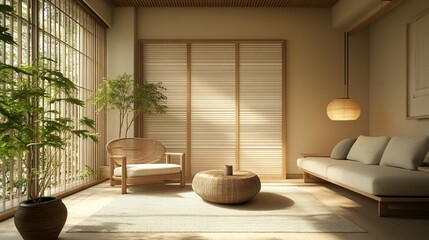 Fototapeta premium Minimalist Japandi living room featuring a Japanese-style window, blending simplicity and elegance in design.